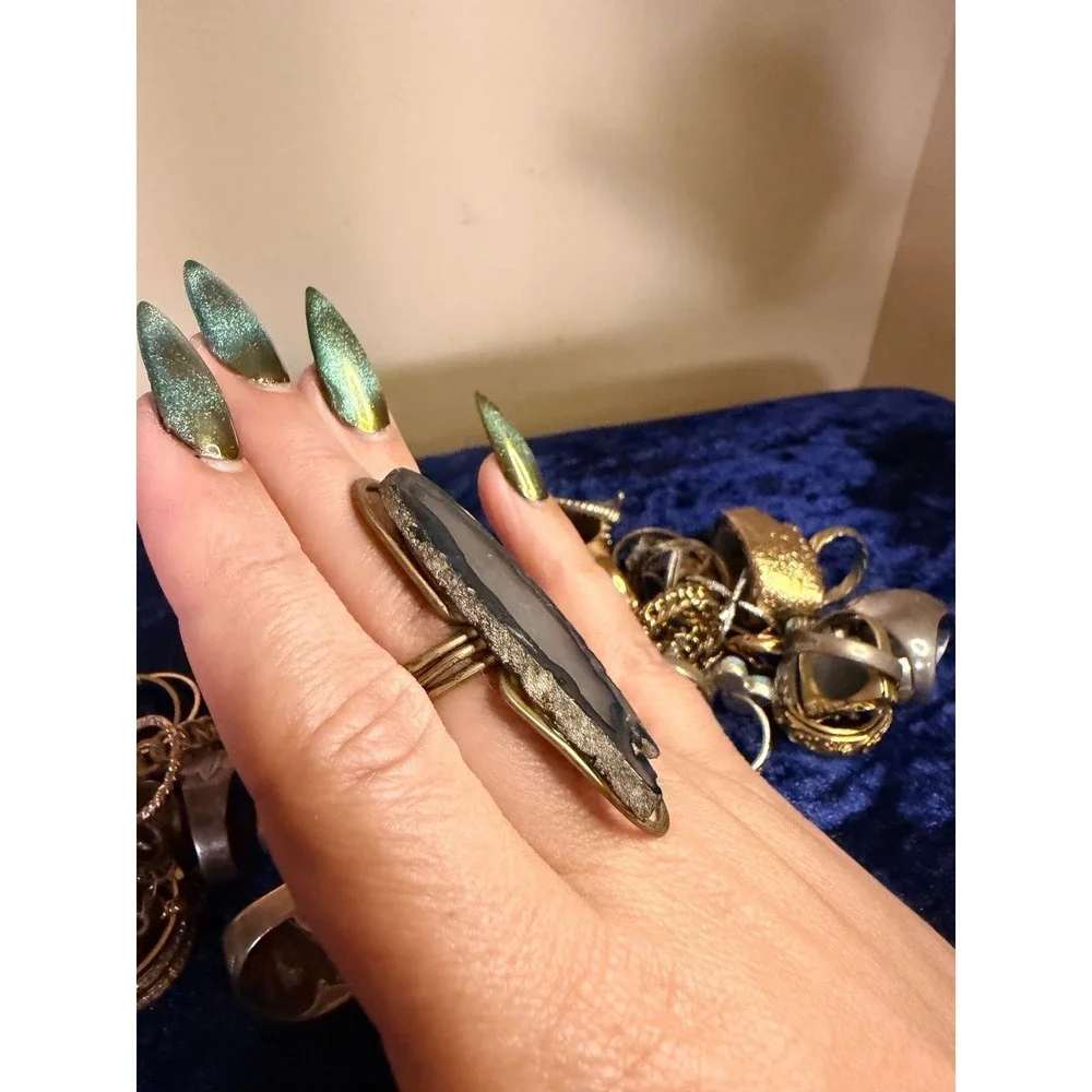 Artisan Natural Agate Slice Statement Ring Gold Tone Wire Wrapped Boho Jewelry